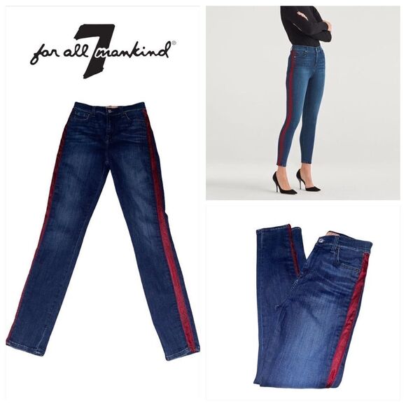 7 For All Mankind B(air) High Waist Ankle Skinny Jeans Red Snake Side Stripe - Picture 1 of 14